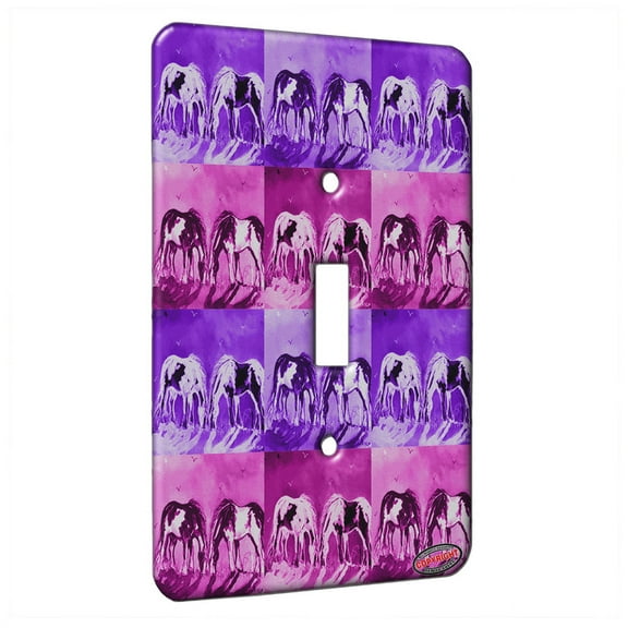KuzmarK™ Single Gang Toggle Switch Wall Plate - Piebald Gypsy Horses at Sundown Horse Pink Pattern Art by Denise Every