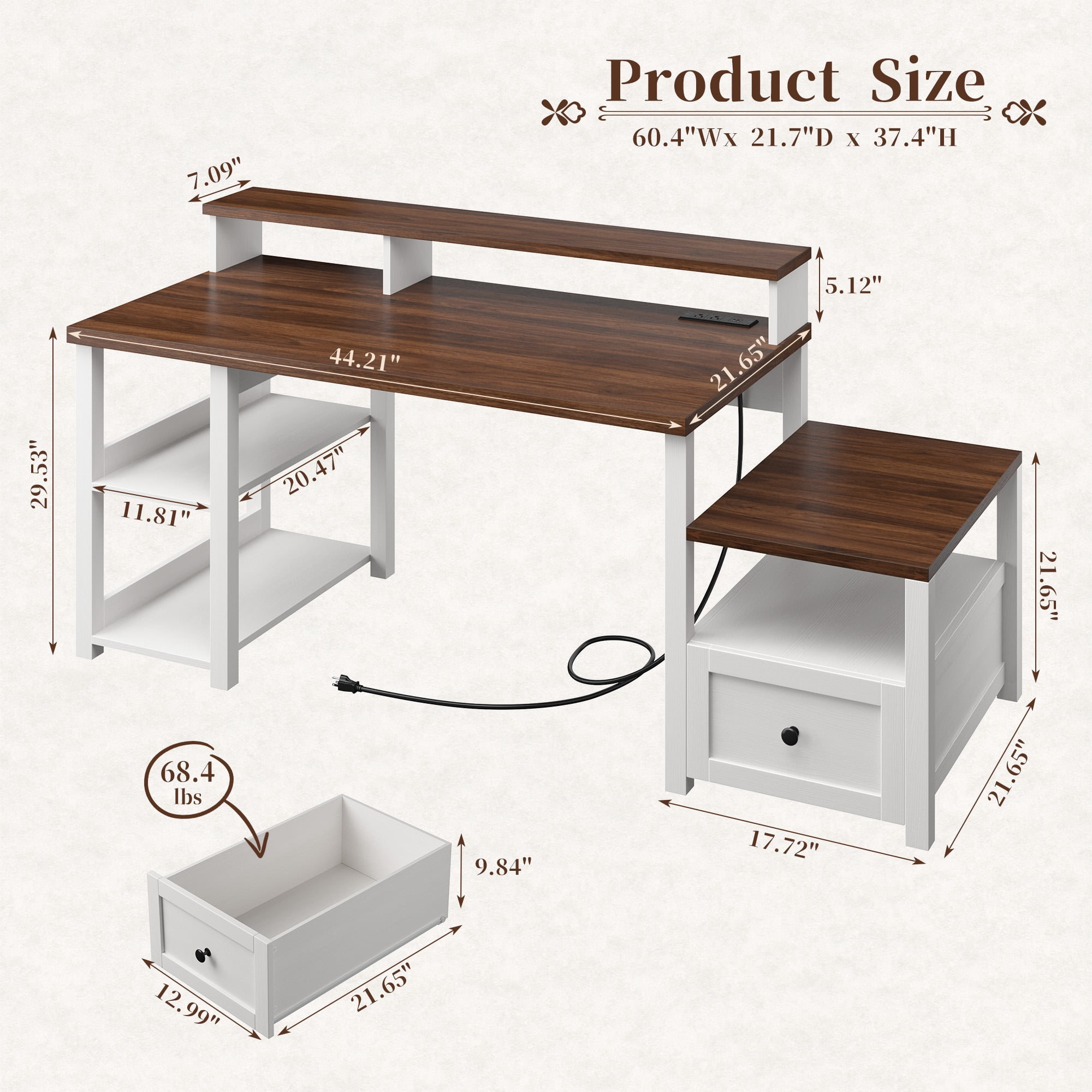 Romorgniz 60" Computer Desk Office Desk with Monitor Stand Home Office Desk with Drawers & 4 Open Storage Shelves Executive Desk with Power Outlets & LED Light for Working Writing, Brown&White