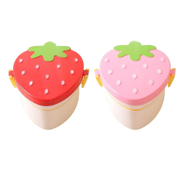 Kids Cute Strawberry Shape Lunch Box With Fork Spoon 2 Layer Food