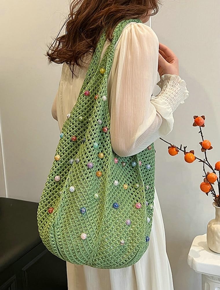 Zhengup Woven Tote Bag for Wineb Crochet Hobo Bags Beaded Shoulder Bag Trendy Knit Hollow Summer Beach Handbag Purse