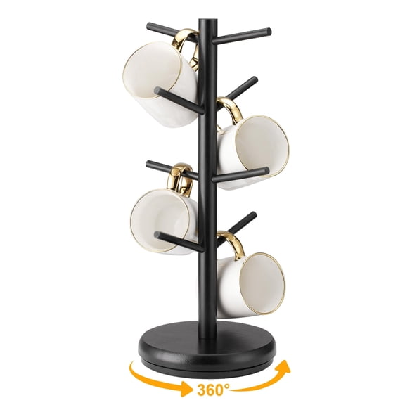 360° Rotating Coffee Cup Holder Tree, 8-Hook Wooden Mug Rack Stand for Kitchen Counter Organizer