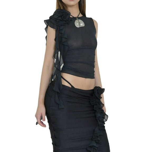 KelaJuan Women Mesh See-Through 3D Floral Tank Top Sexy Ruffle Crop Top Slim Fitted Sleeveless Vest Summer Club Streetwear