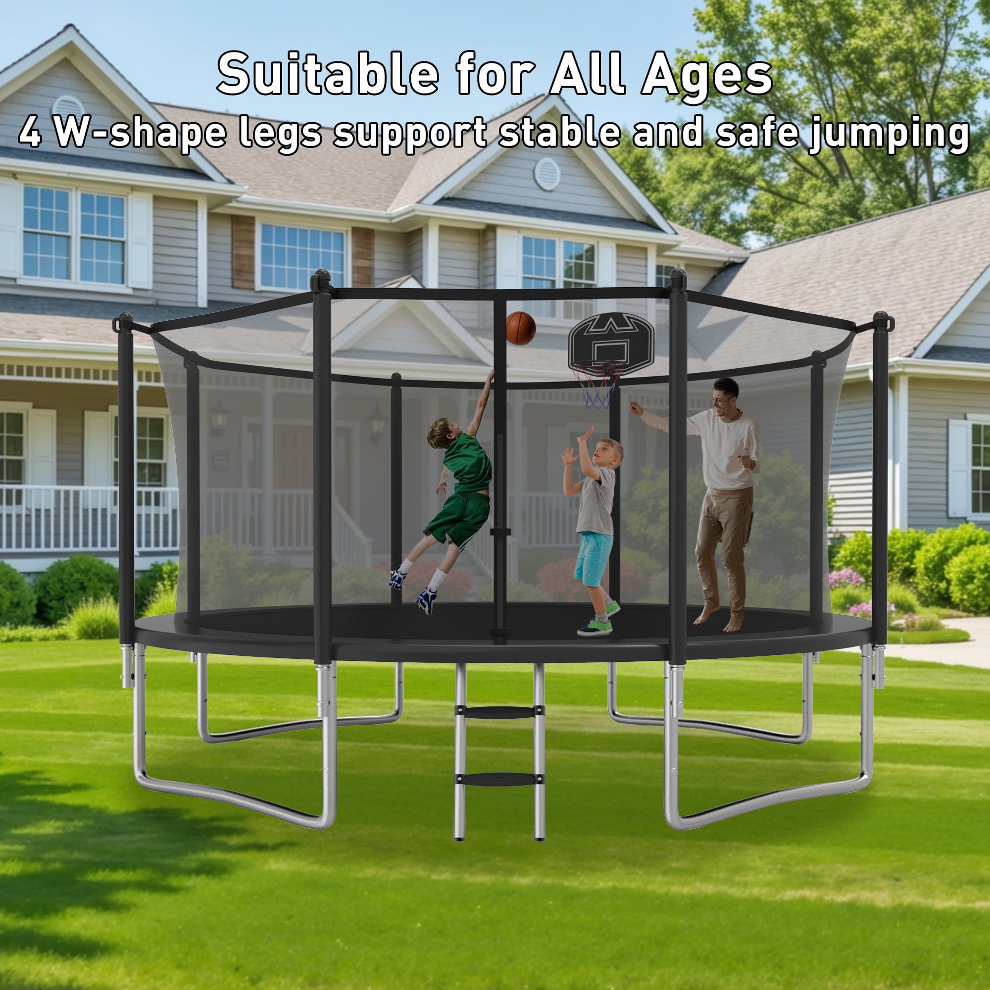 XMIKA 12FT Trampoline with Enclosure Net, 1200LBS Trampolines for Kids and Adults, Outdoor Trampoline with Basketball Hoop, Ladder, Lights and Sprinkler, Backyard Recreational Trampolines, Black