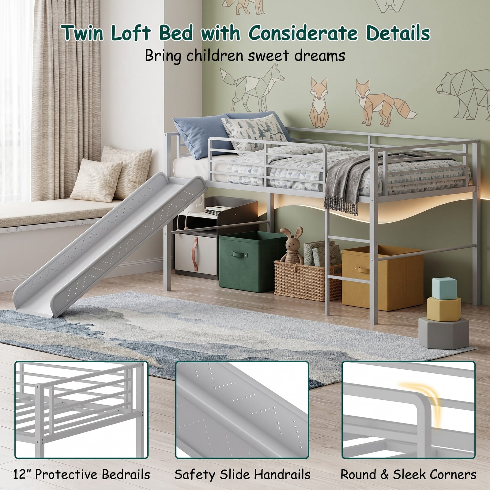 Furnibear Twin Metal Loft Bed with Slide and Built-in Ladder for Kids and Teens Bedroom, Space-Saving Loft Bed Frame with Guardrails, Silver