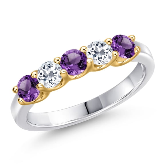 Gem Stone King 925 Silver and 10K Yellow Gold Purple Amethyst and White Topaz Wedding-Bands Ring for Women | 0.91 Cttw | Round 3.5MM | Gemstone February Birthstone | Size 8