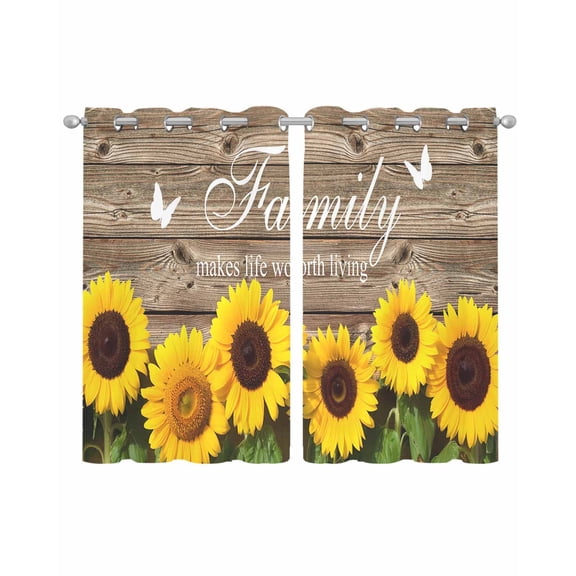 Yellow Sunflowers Sheer Curtains 39 Inch Length 2 Panels Set for Living Room/Bedroom, Family Farmhouse Brown Wooden Butterfly Kitchen Curtains Grommet Curtains Window Treatments 27.5"x39"x2