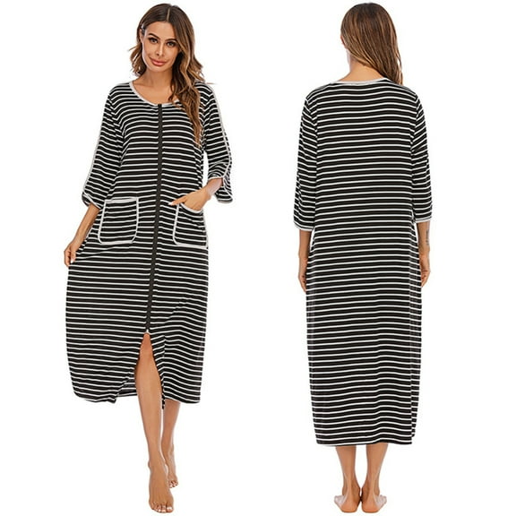 Women's Zipper Front Long Housedress Loose Round Neck Pajamas Dress 3/4 Sleeves Large Size Striped Sleeping Dress With Pockets Long Housecoat Sleepwear,S-XXL