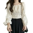 thumbnail image 1 of Whataatahia Top de mujer con cuello cuadrado, busto plisado, manga larga acampanada, lazo trasero, blusa de mujer para cena, fiesta, albaricoque M, 1 of 8