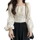 thumbnail image 1 of Blusa plisada con escote cuadrado, lazo en la espalda y mangas farol: perfecta para cenas, talla L Apricot Chic, 1 of 8