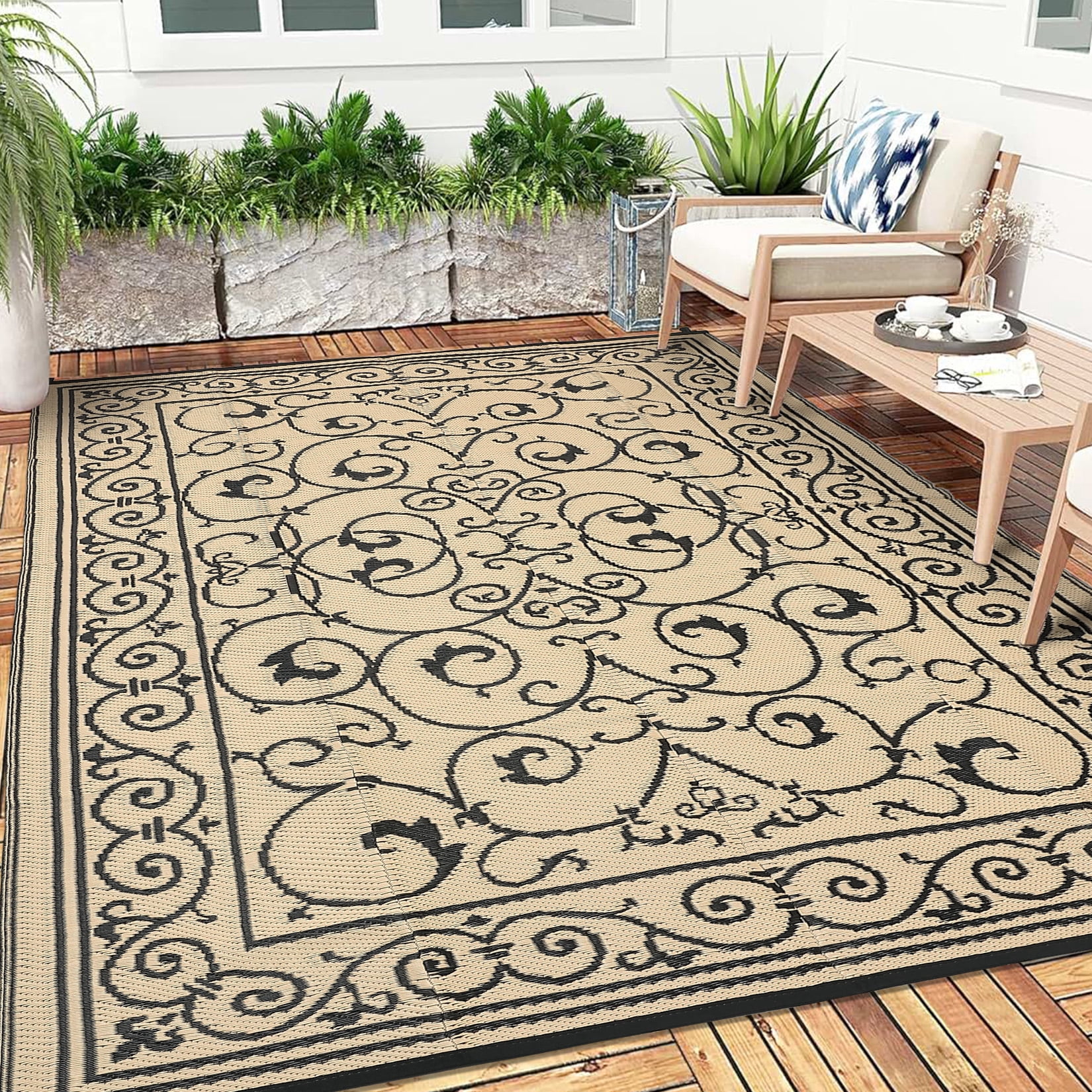 Garvee 9'x18' Outdoor Rug Waterproof Plastic Straw Rug, Reversible Outside Carpet UV Resistant Modern RV Mat for Backyard Garden Deck Poolside, Coffee