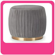 Adore Decor Jolie Pleated Ottoman, Modern Upholstered Tufted Small Round Vanity Foot Stool with Gold-Plated Base for Living Room, Bedroom and Bathroom, Grey