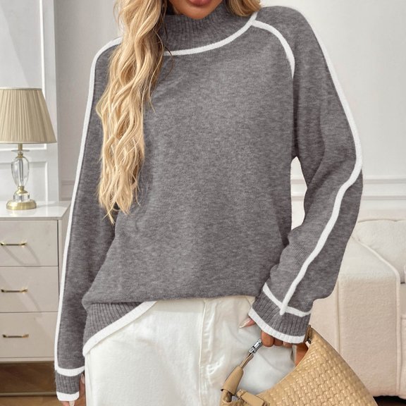 thefmos Women's Stand Collar Color Block Knit Sweater Loose Fit Long Sleeve Casual Pullover Fashion Fall Winter Outfit, Gray S
