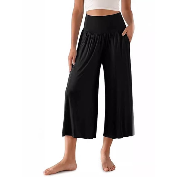 Yyeselk Women Modal High Waist Cropped Wide Leg Pants Loose Fit Yoga Culottes Pajama Pants Bottoms Black XXXL