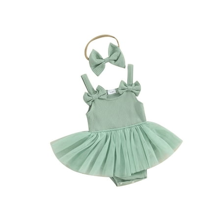 

Baby Girl Summer Outfits Bow Front Romper Tulle Dress with Headband