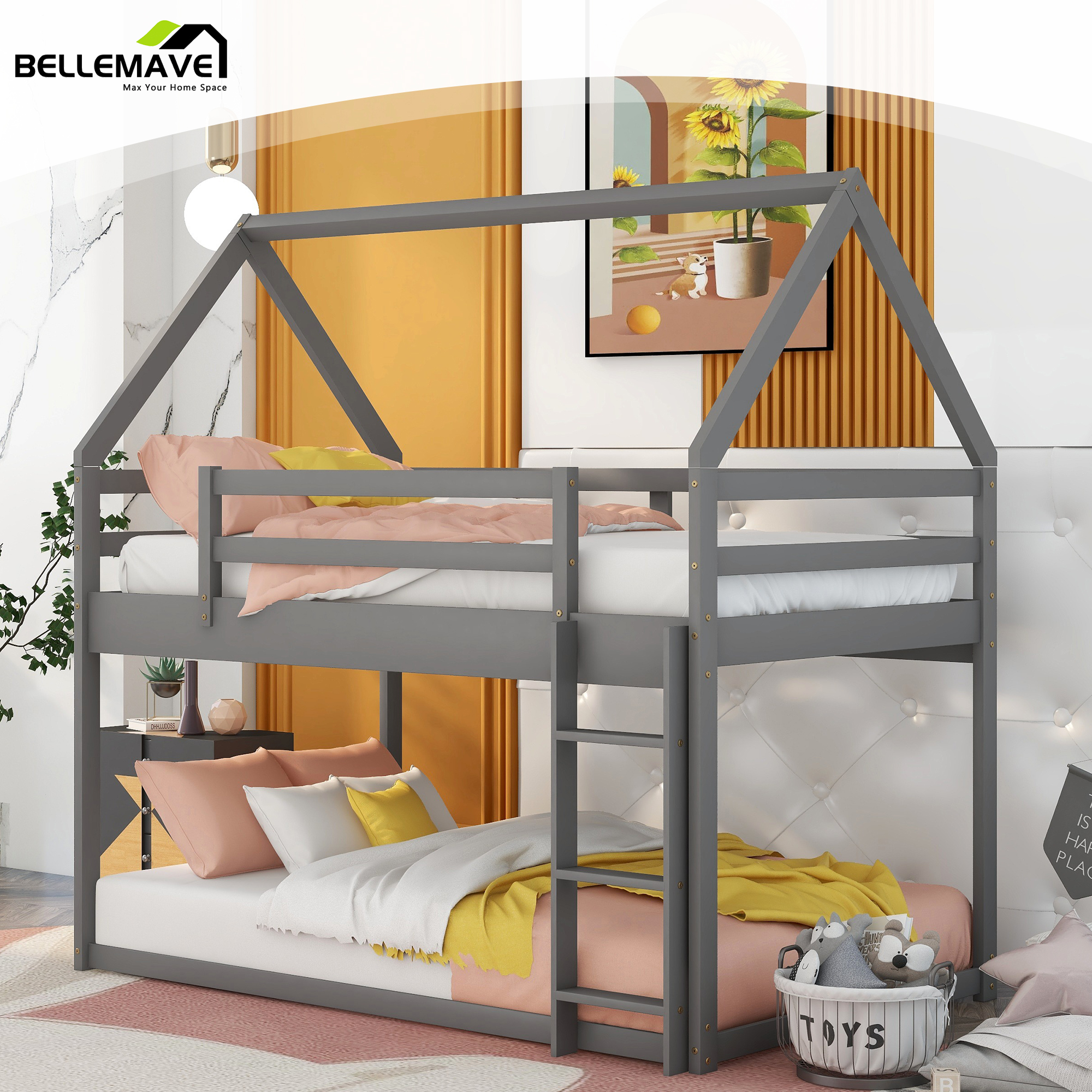 Bellemave Wooden House Bunk Bed, Twin over Twin Bunk Bed with Ladder