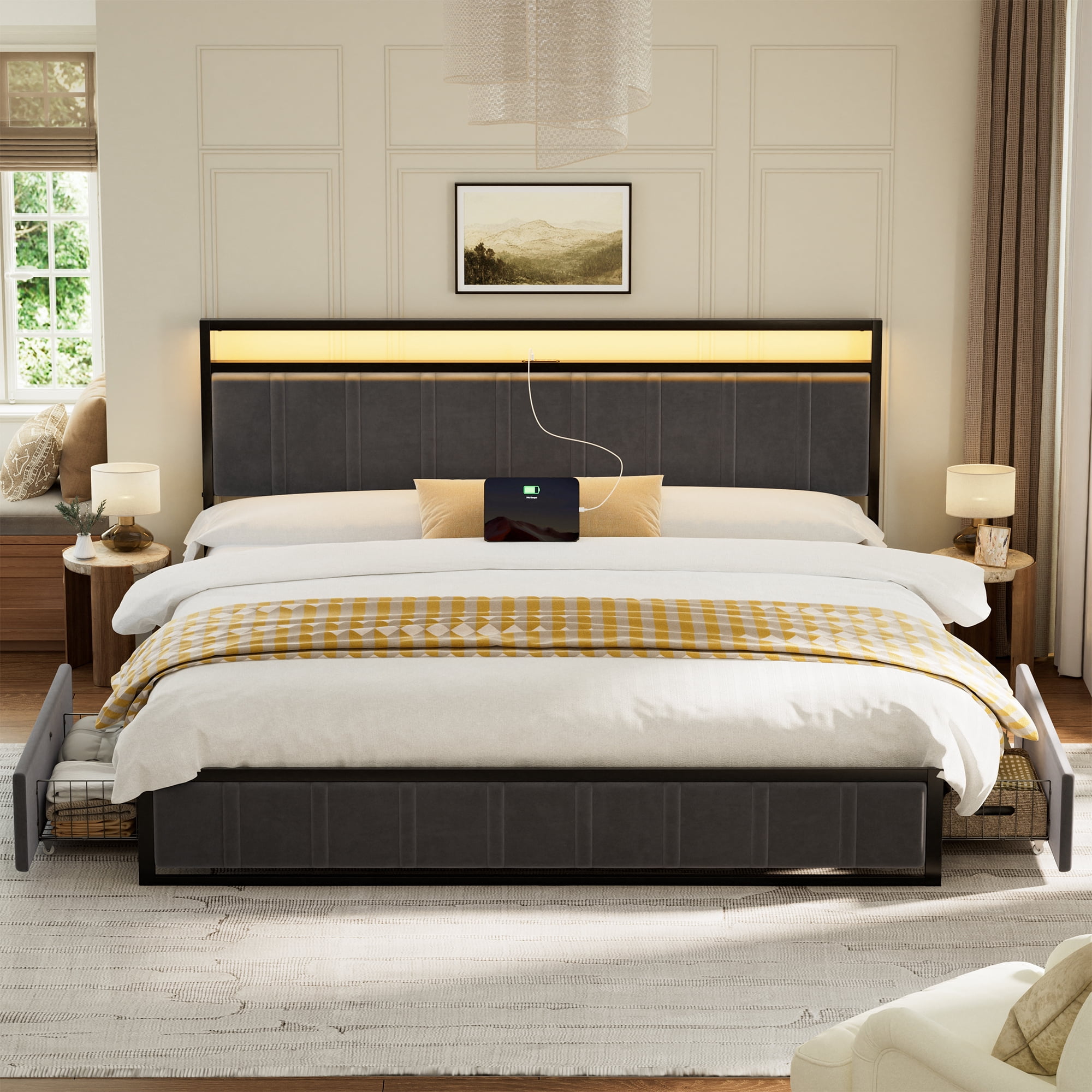 GUNAITO King Bed Frame with Headboard, Platform Bed with 2 Drawers, Velvet Upholstered Bed Frame with LED Lights & Charging station，Dark Grey