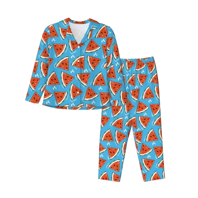 Fotbe Cartoon Watermelon Conjunto de Pijama de Manga Larga para Mujer con Estampado, Ropa de Dormir de 2 Piezas, Conjunto de Casa Suave y Cómodo con Bolsillos-Small