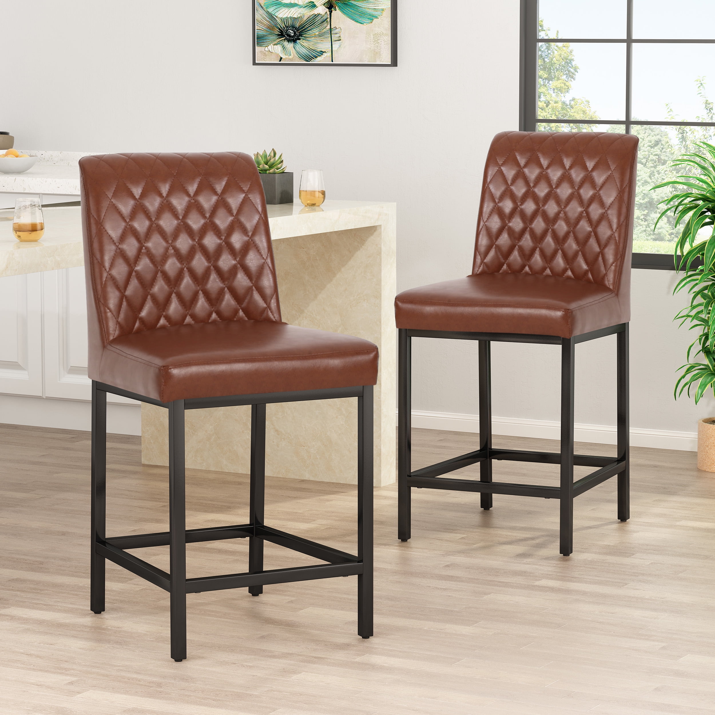 Noble House Berea Upholstered Diamond Stitch Counter Stools, Set of 2, Cognac Brown and Black