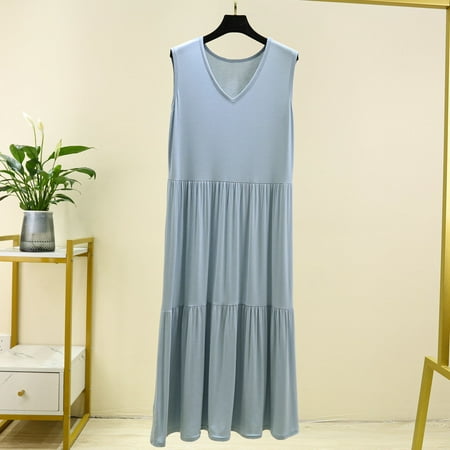 Women s Sleeveless Nightgown Wide Strap Tank Sleepwear Sleep Shirt Pleated V-Neck Nightshirt Loose Casual Soft Pajamas Dress Light Blue M