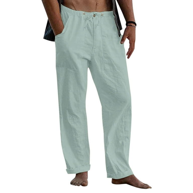 Men's Casual Pants Loose Elastic Waist Linen Straight Pants