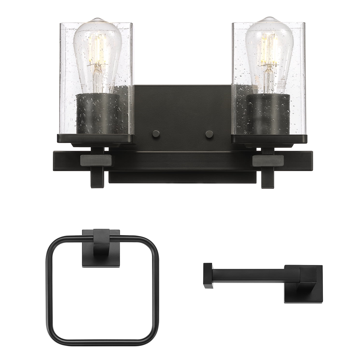 Globe Electric Upscale Industrial 3-Piece Matte Black Bathroom Accessory Set with 13" 2-Light LED Vanity Light