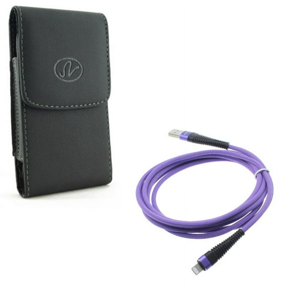 Case Belt Clip w 10ft USB Cable for iPhone 8/7/6S/6/11 Pro - Leather Holster Cover Pouch Vertical, Purple Charger Cord Power Wire Braided for iPhone 8/7/6S/6/11 Pro Models