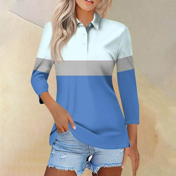 ylioge S-5X Plus Size Golf Shirts for Women 3/4 Sleeve Tops Womens Casual Color Block Pullover Button Collared Athletic Workout Tshirts Shirt