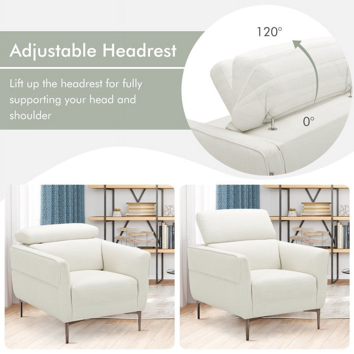 Finihen Single Sofa, Upholstered Sofa, Modern Upholstered Single Sofa with Adjustable Headrest, for Living Room, White