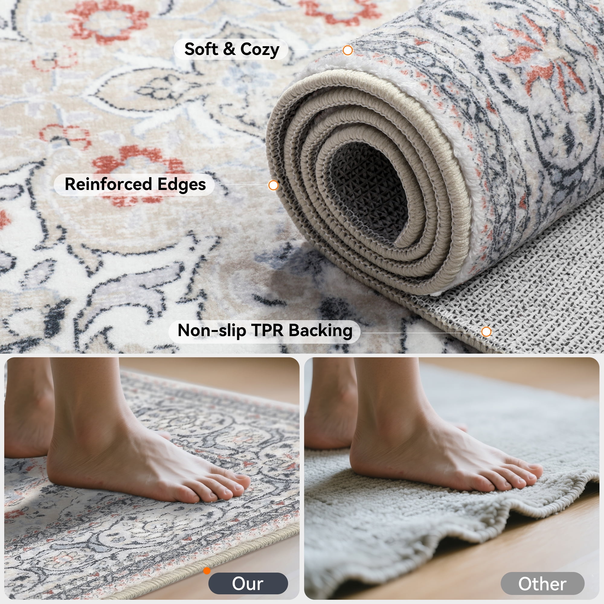 Lalado 5ft x 8ft Area Rugs for Living Room Washable Rugs Boho Floral Carpet Soft Low Pile Non-Slip Rug for Bedroom Dining Room Indoor Vintage Home Decor, Blue