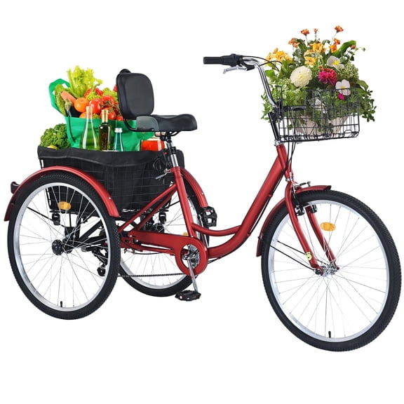 PRIJESSE Upgraded 26 Inch Adult Tricycle, 7-Speed 3-Wheel Bike with Large Seat & Backrest, Front and Rear Baskets, Perfect for Commuting, Picnics, and Outdoor Fun for Seniors, Women, and Men