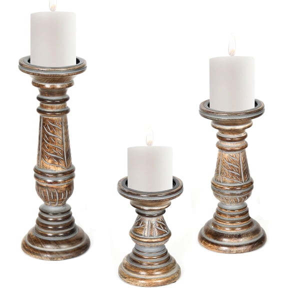 Candle Holders for Pillar Candles (Grey Wash, Set of 3) - Mangowood Candle Stand - Farmhouse Wooden Candle Holders Pillar Leaf Design - Candle Holder Decor for Table Centerpiece - 6”, 9”, 12”
