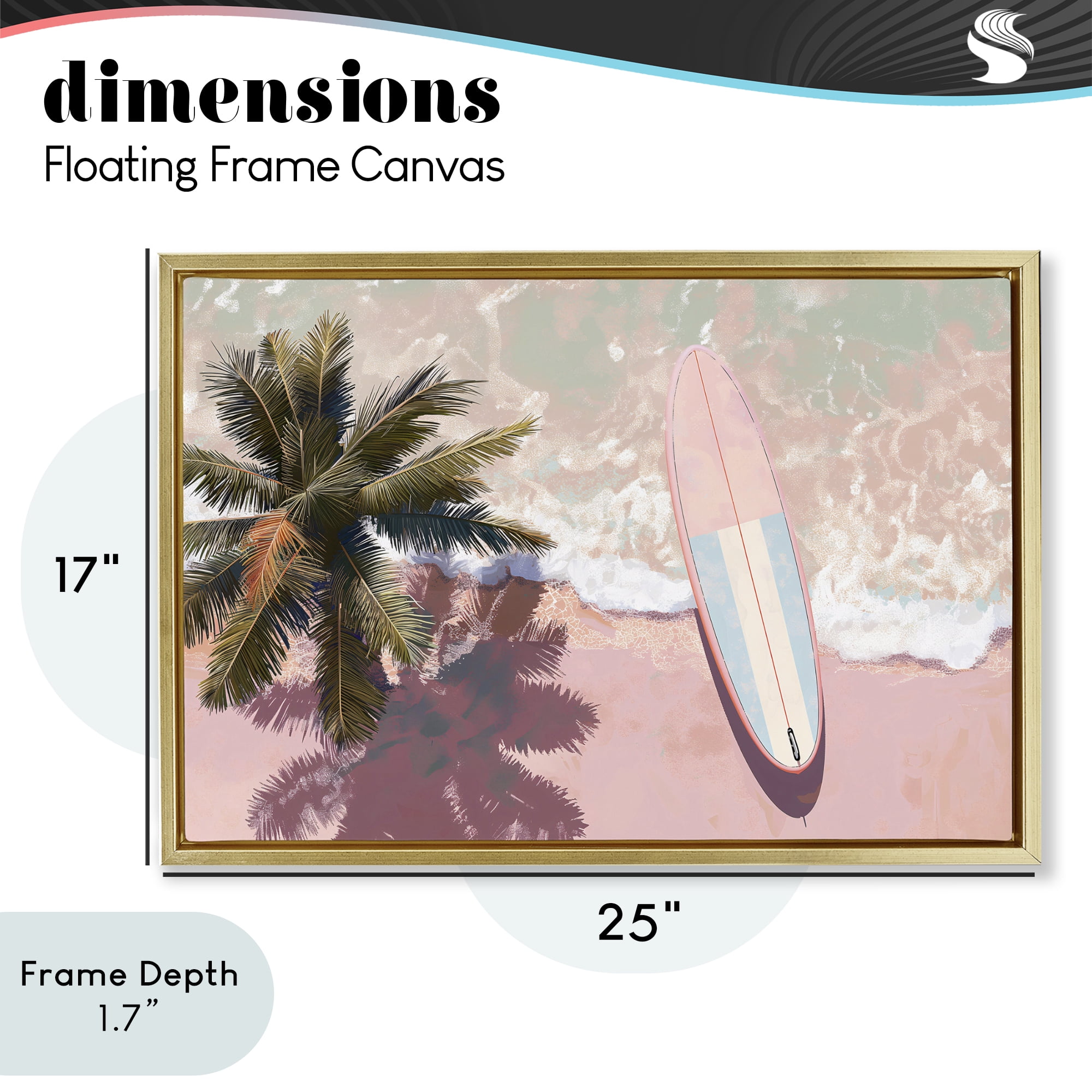 Stupell Industries Blush Pink Surfboard & Palm Gold Framed Floater Canvas Wall Art, design by Jacky Ngan