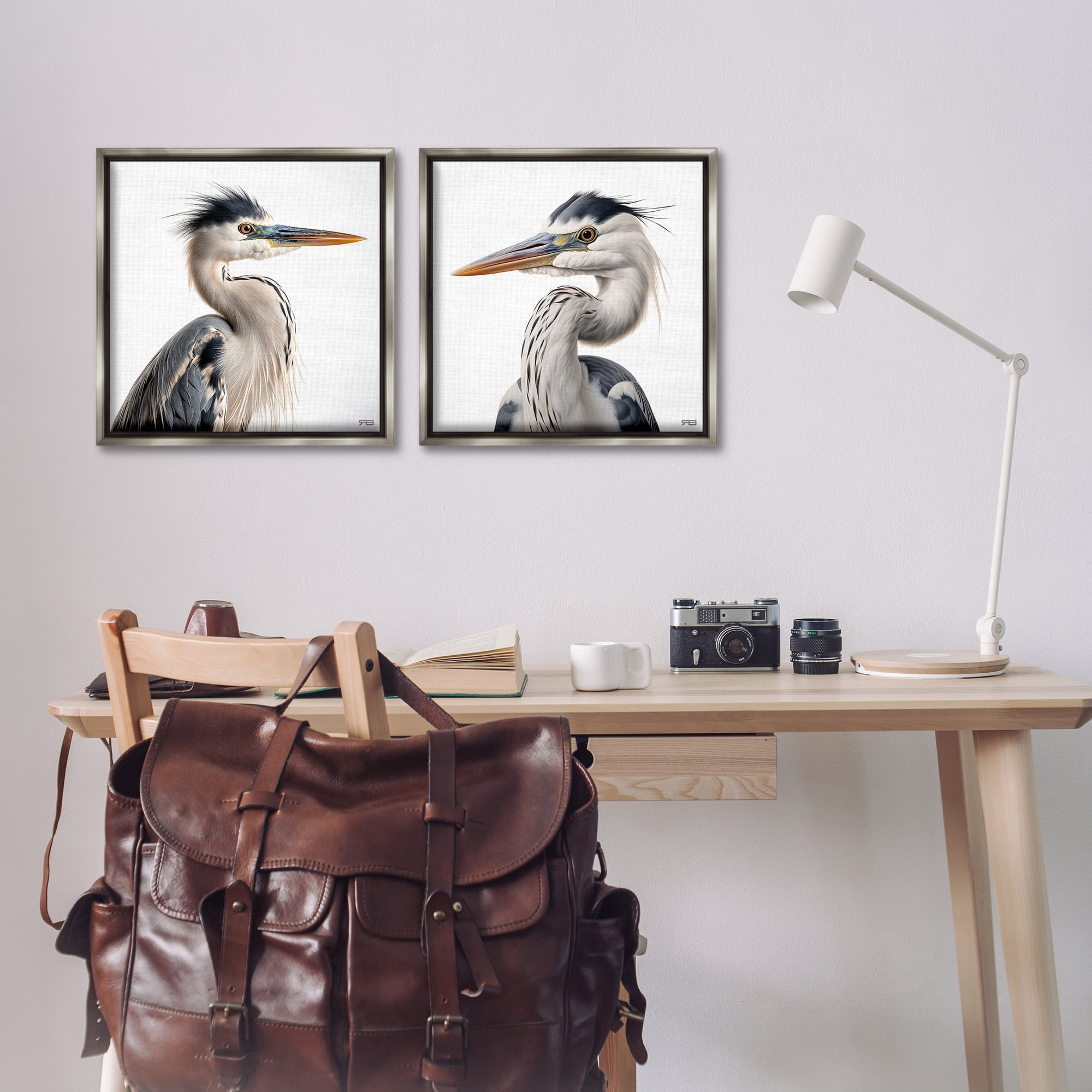 Stupell Industries Young Heron Birds Animals Painting Gray Floater Framed Canvas Art Print Wall Art, 18 x 18, Set of 2