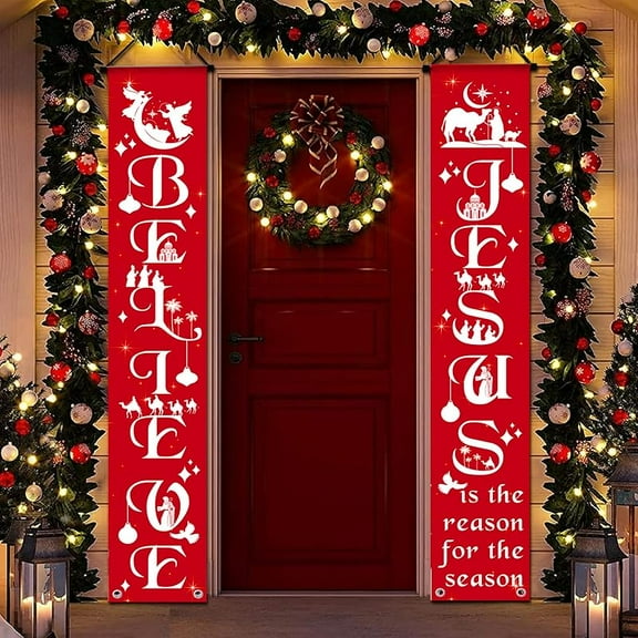 Christmas Porch Door Decorations, 300D Premium Merry Christmas Banner, Large 71x12in (with 4pcs Golden hanging rod)(Classic Snow Style Design) for Ideal Outdoor Christmas Decorations Indoor