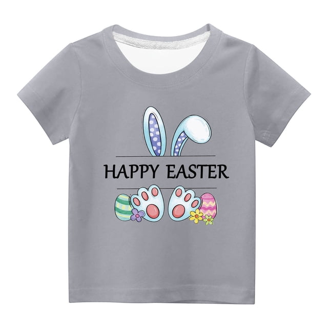 Penkiiy T-Shirts de Pâques pour Enfants Garçons Filles Mode Oreilles de Lapin de Pâques Œufs de Pâques Imprimé Col Rond Manches Courtes 13 Ans Gris