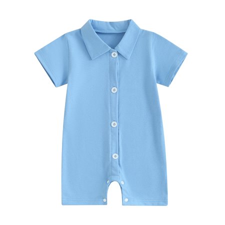 FEORJGP Toddler Baby Boy Summer Outfit 6M 12M 18M 24M Infant Short Sleeve Shirt Romper Button Down Jumpsuit Solid Color Lapel Bodysuit Tops Loose Casual Daily Clothes