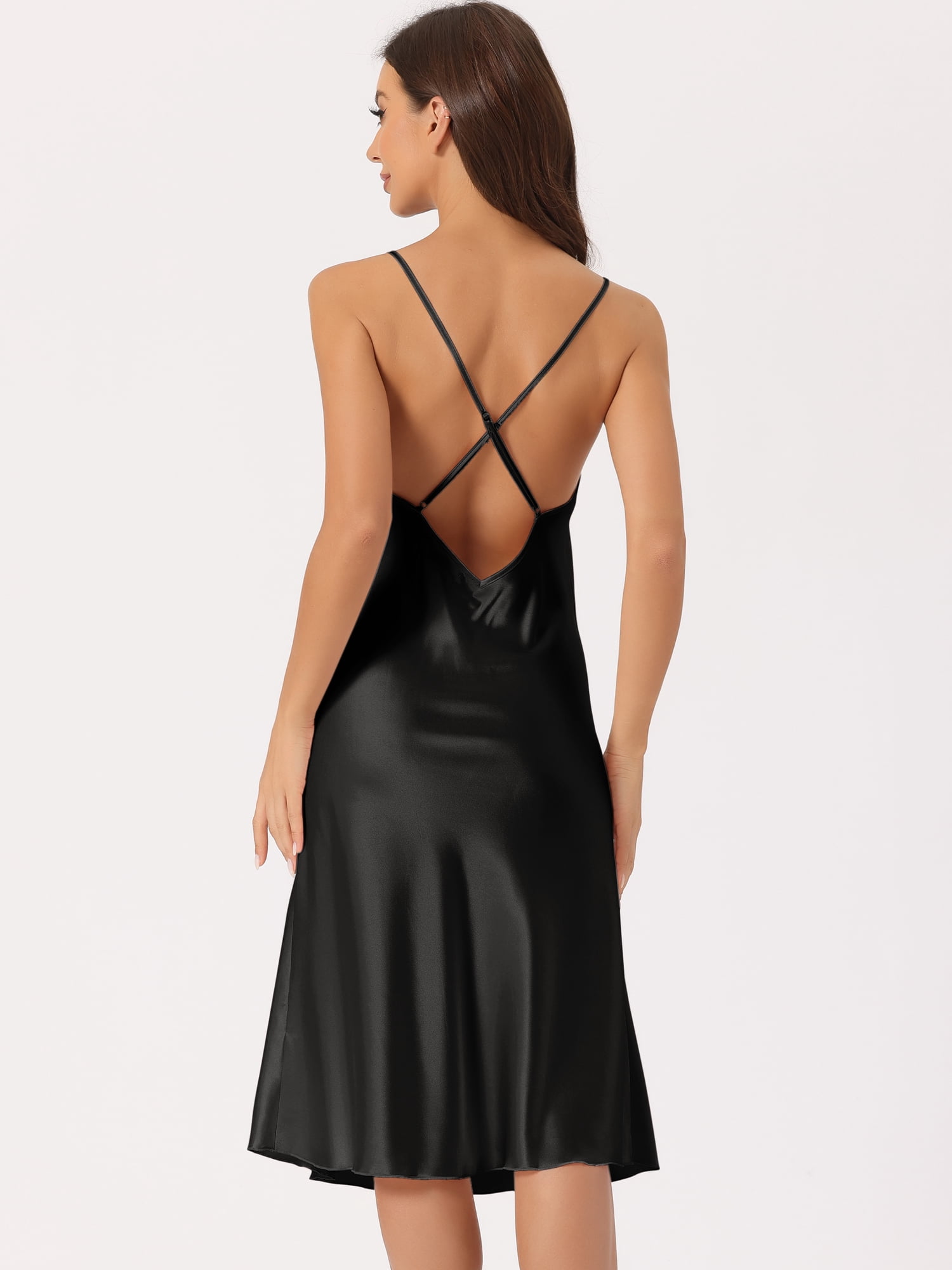 DARING DIVA Women's Satin Sleeveless Backless Slit Silky Midi Nightgown S Black