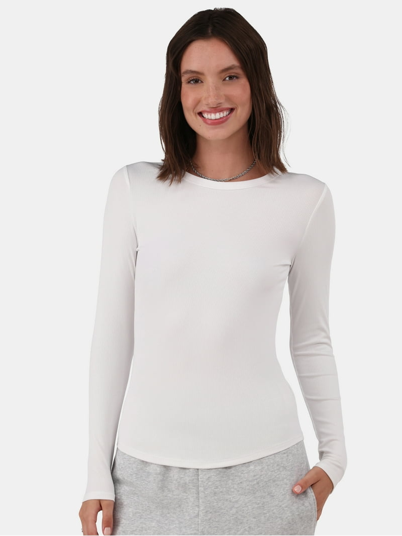No Boundaries Ribbed Crewneck Long Sleeve Tee for Women, Soft Knit