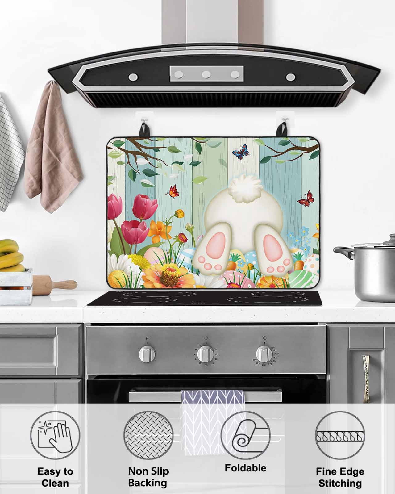 Large Induction Cooktop Protector Mat Easter Stove Top Covers for Electric Stove, Spring Watercolor Eggs Country Tulip Wooden Grain Decorative Stove Burner Cover Mats, Glass Top Stove Cover