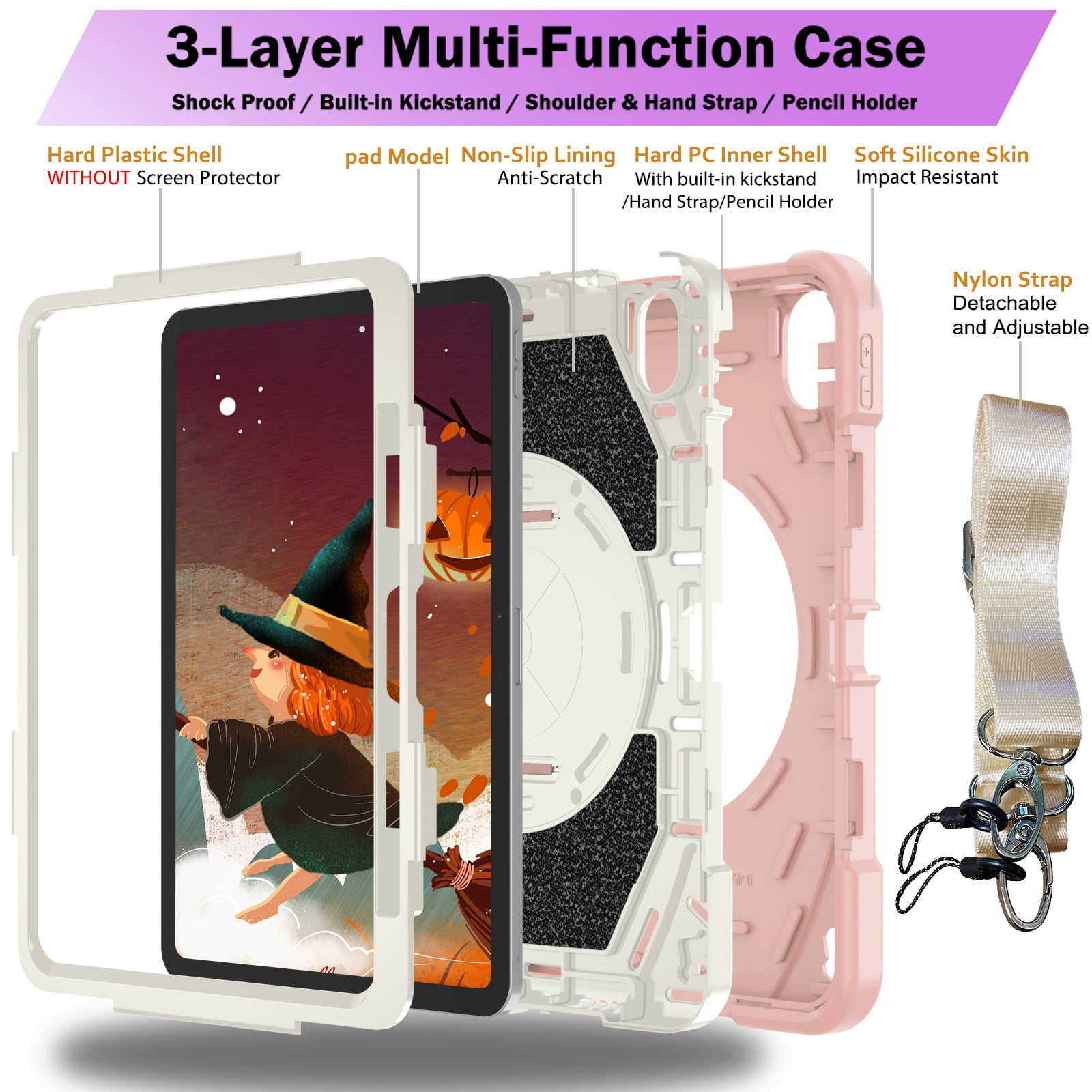 ELEHOLD Case for Apple iPad Air 11 (2024), Heavy Duty Shockproof Case with Pencil Holder/Stand/Hand Strap/Shoulder Belt, Rugged Protective Cover for Boys Girls,Pink