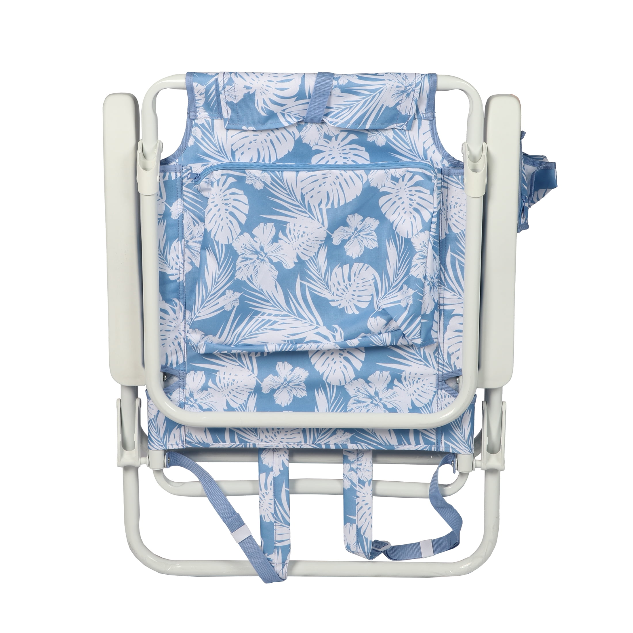 Mainstays Oversized Reclining Beach Chair with Backpack Straps, Blue Palm Print