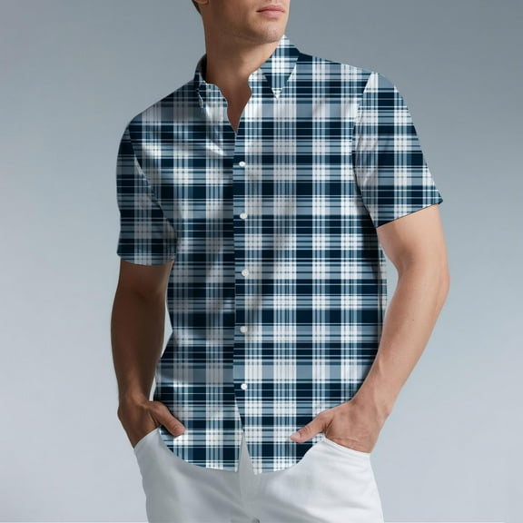 Handshe Mens Button Up Shirts Short Sleeve Plaid Printed Lapel Dress Shirt Vintage Classic Bowling T-Shirts