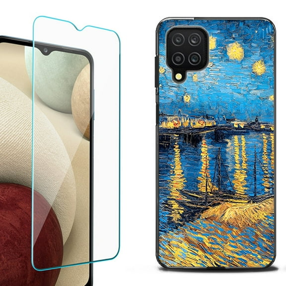 Slim-Fit Flexible TPU Gel Phone Case (black) for Samsung Galaxy A12, with Tempered Glass Screen Protector, by OneToughShield ® - Starry Night Rhone