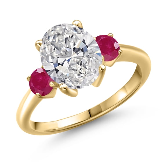 Gem Stone King 2.70 cttw IGI Certified Lab Grown Diamond and Red Ruby 3-Stone Engagement Ring for Women | 18K Yellow Gold Plated Silver | Center 2.00 Ct Diamond | E-F Color | VS1-VS2 Clarity | Size 8