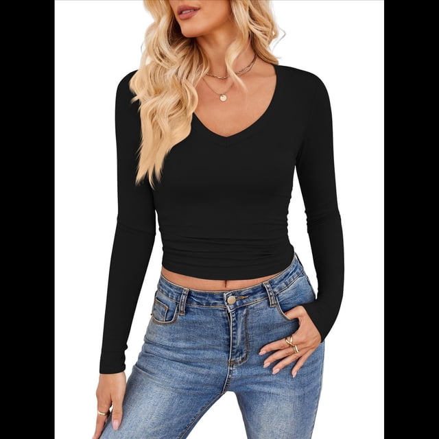 Camisas de Larga para Mujer, Moda Otoño 2025, Cuello en V, Blusas Básicas, Blusas Ajustadas Y2K. Negro L
