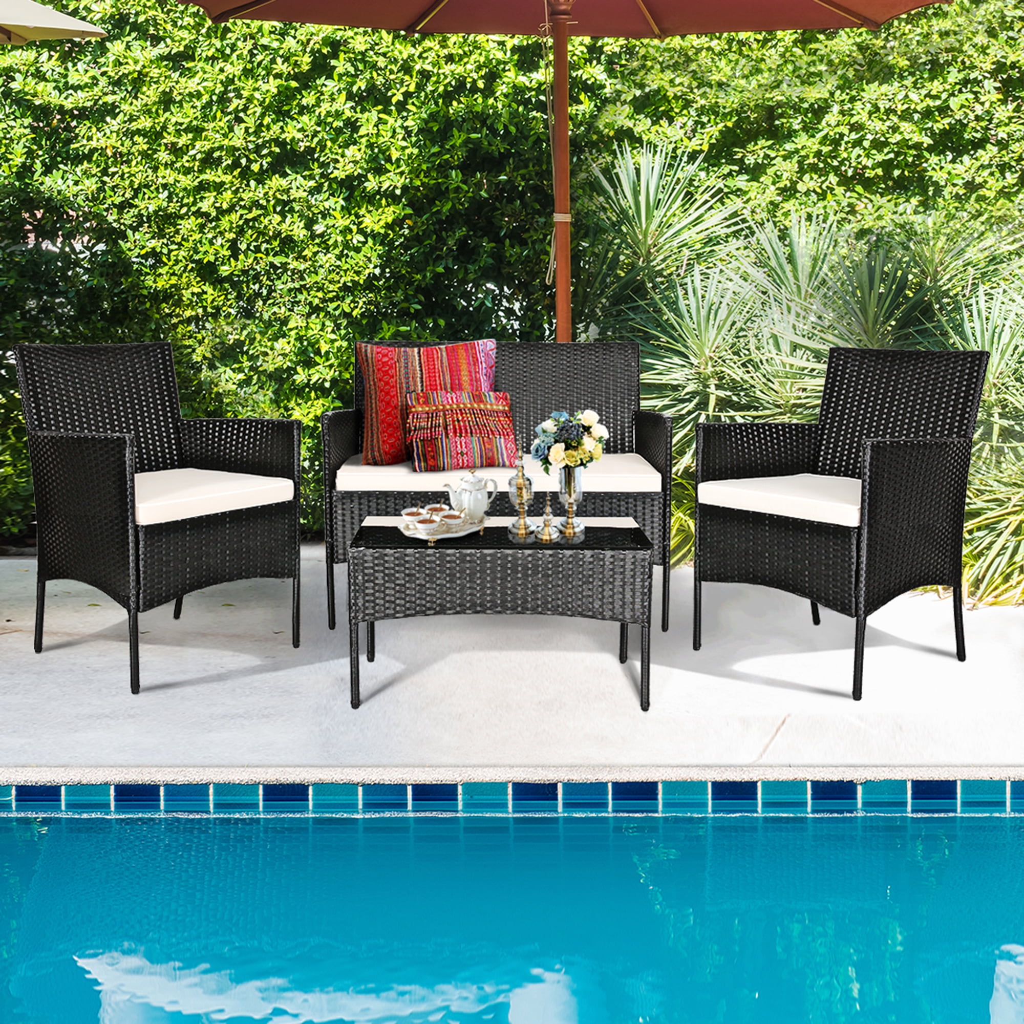 Gymax Fashion 4PCS Outdoor Furniture Set Patio Rattan Conversation Set w/ Beige Cushion