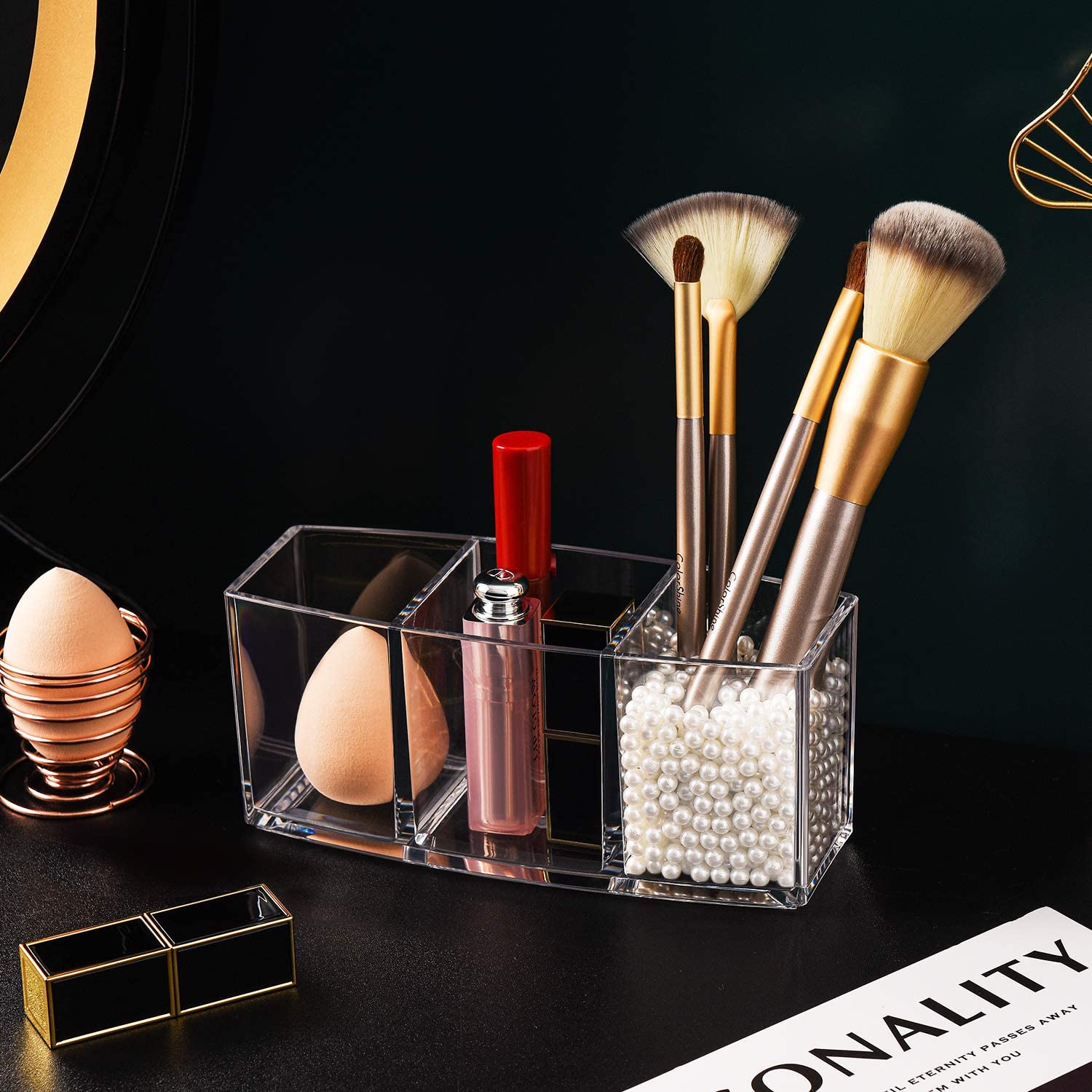 Acrylic 3 Slots Makeup Brush Holder Organizer, Eyebrow Eyeliner Pencil