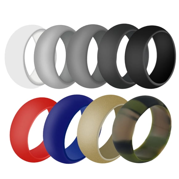 9Pcs Men's Silicone Wedding Band Simple Round Assorted Color Waterproof Flexible for Exercise