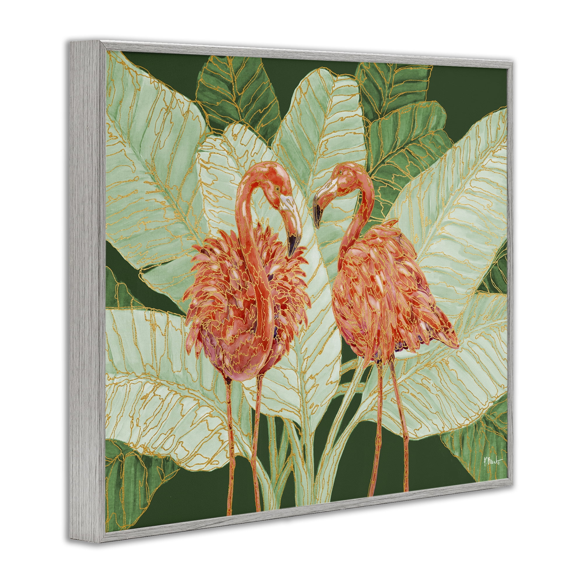 Stupell Industries Martinique Flamingos & Leaves Animals & Insects Painting Gray Framed Art Print Wall Art, 20 x 16