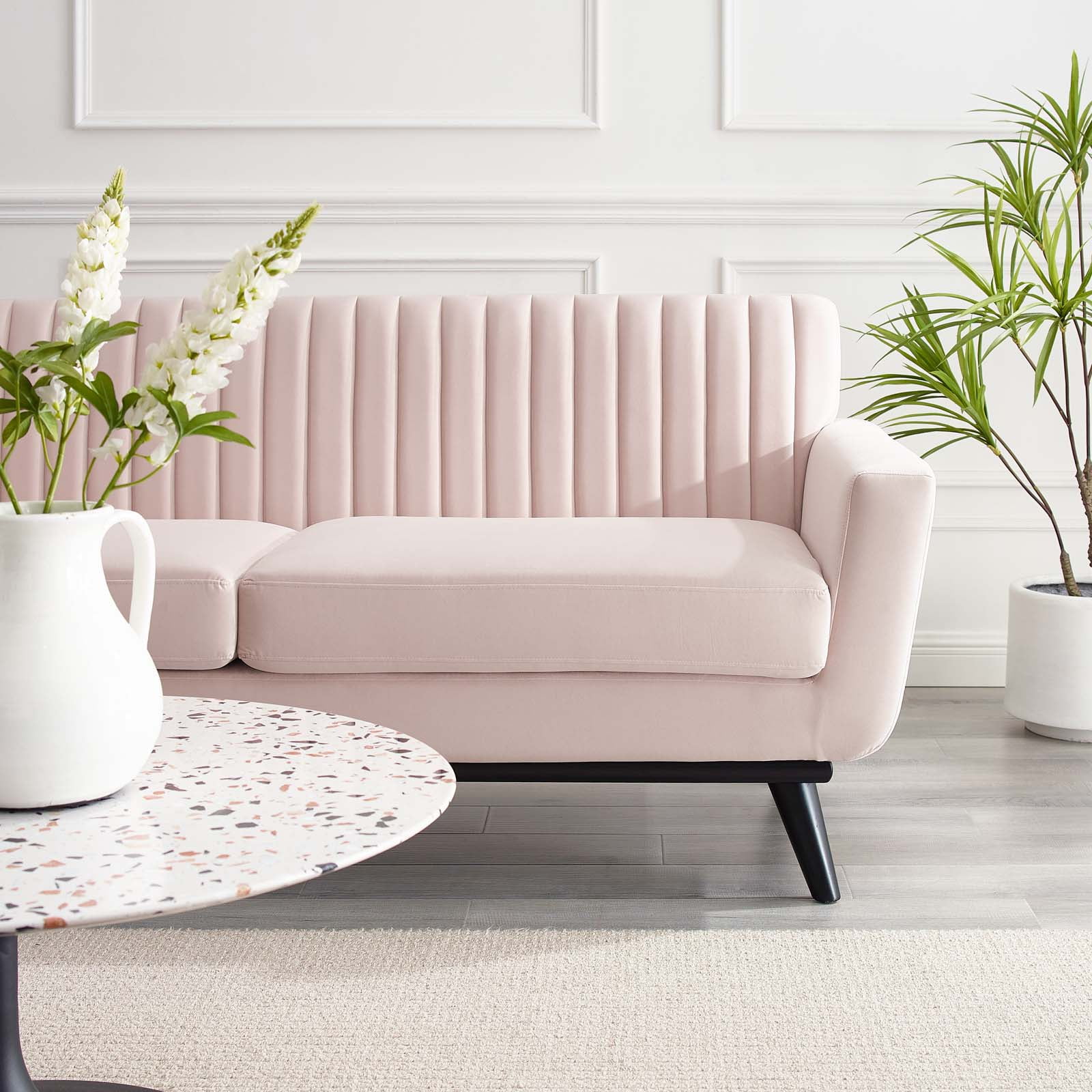 Modway Engage Modern Channel Tufted Performance Velvet Loveseat in Pink